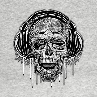 YODO Dripping Skull Wears Headphones BW T-Shirt